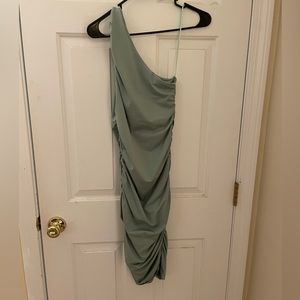 Sage Green One Shoulder Ruched Dress
